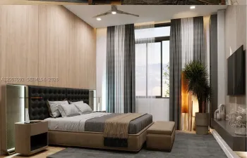 Interior space featuring light wood-panel wall treatments, large-format windows with high-ceiling design, recessed lighting, and a modern ceiling fan