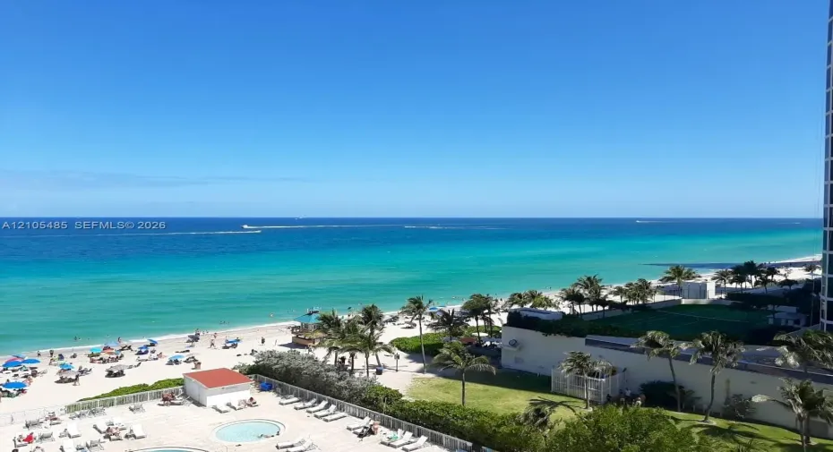 Expansive oceanfront setting featuring a sandy beach, clear blue water, and palm trees
