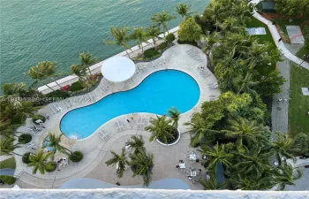 Waterfront swimming pool with paver decking, surrounding mature palm trees, and expansive paved walking paths