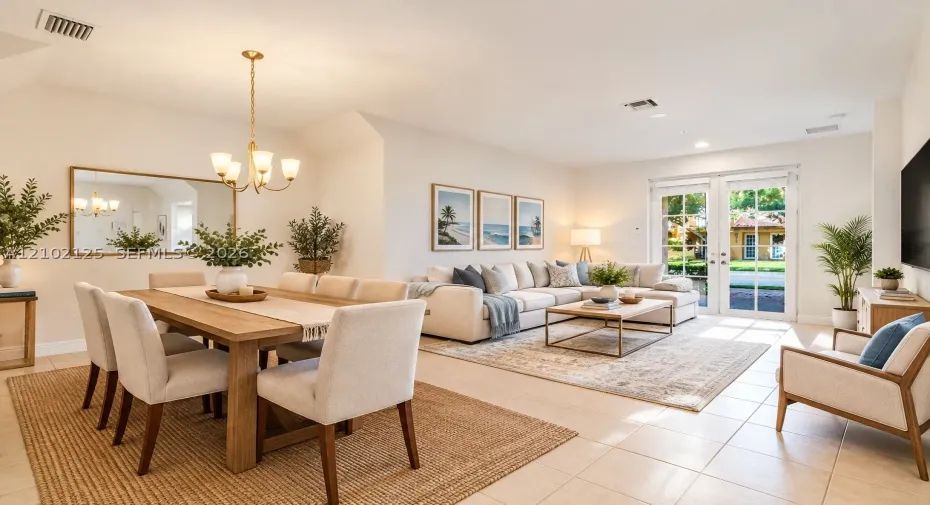 Virtually Stage - Open-concept area featuring high vaulted ceilings, large-format tile flooring, a brass-finish chandelier, and glass-paned French doors
