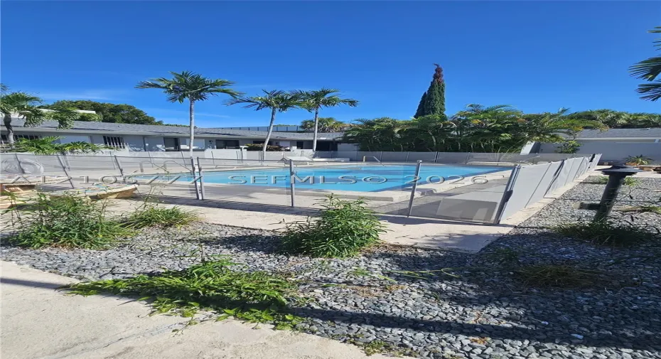Swimming pool featuring a rectangular design, mesh perimeter fencing, and concrete decking, surrounded by stone landscaping and mature palm trees
