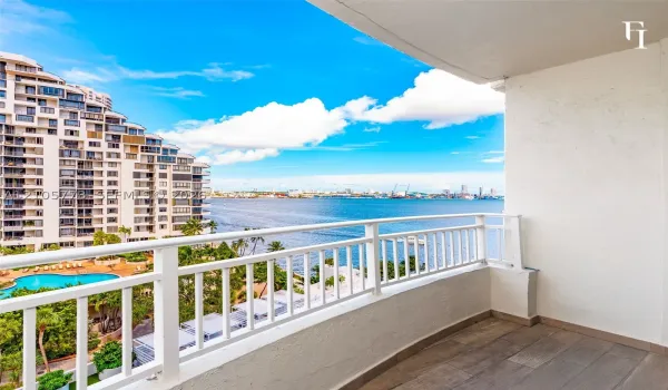 Private balcony featuring wood-finish flooring and a white powder-coated metal railing overlooking a waterfront and urban landscape