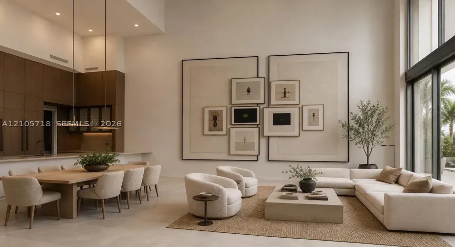 Double-height ceilings, floor-to-ceiling windows, custom built-in wall paneling, full-height dark wood-finish cabinetry, and neutral stone-finish flooring