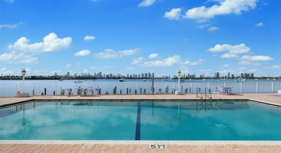Rectangular swimming pool with paved decking, metal perimeter fencing, and water backdrop
