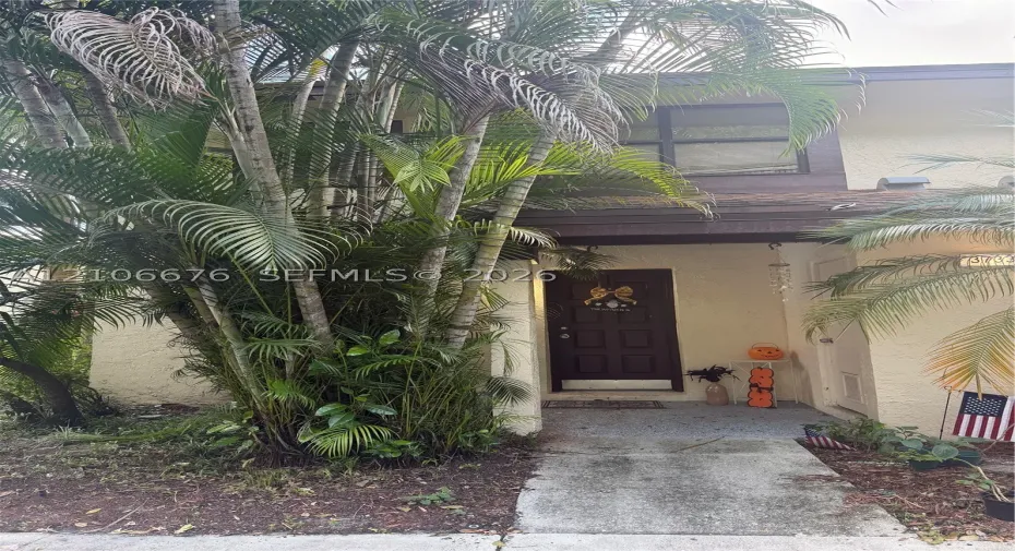 Stucco exterior facade featuring a multi-panel front entry door, covered porch, and mature palm landscaping