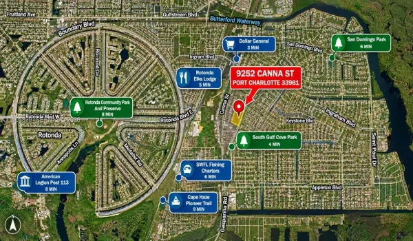 Property Location Map. Aerial illustration identifying the physical coordinates of the property in relation to local public facilities and transit routes