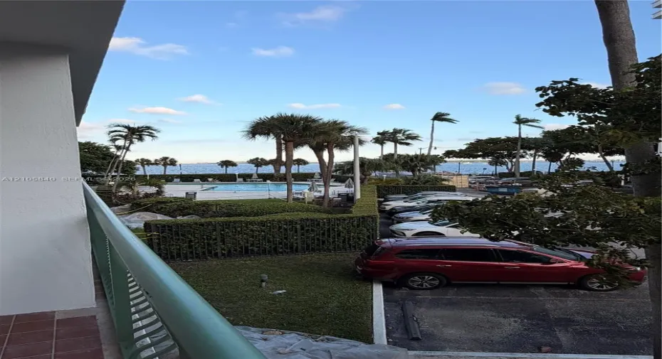 Exterior balcony featuring a painted metal railing and tiled flooring, overlooking a swimming pool, mature palm trees, and water