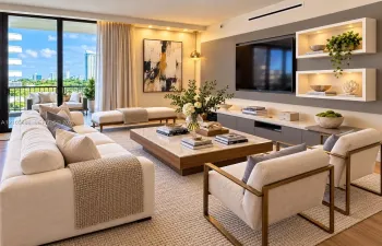 Living area featuring floor-to-ceiling sliding glass doors, built-in recessed shelving with integrated lighting, a custom wall-mounted media console, and wood-finish flooring