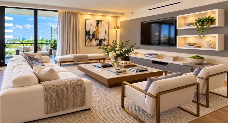 Living area featuring floor-to-ceiling sliding glass doors, built-in recessed shelving with integrated lighting, a custom wall-mounted media console, and wood-finish flooring