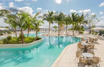 Free-form swimming pool featuring a central island, in-pool stairs, stone-tile decking, and mature palm trees