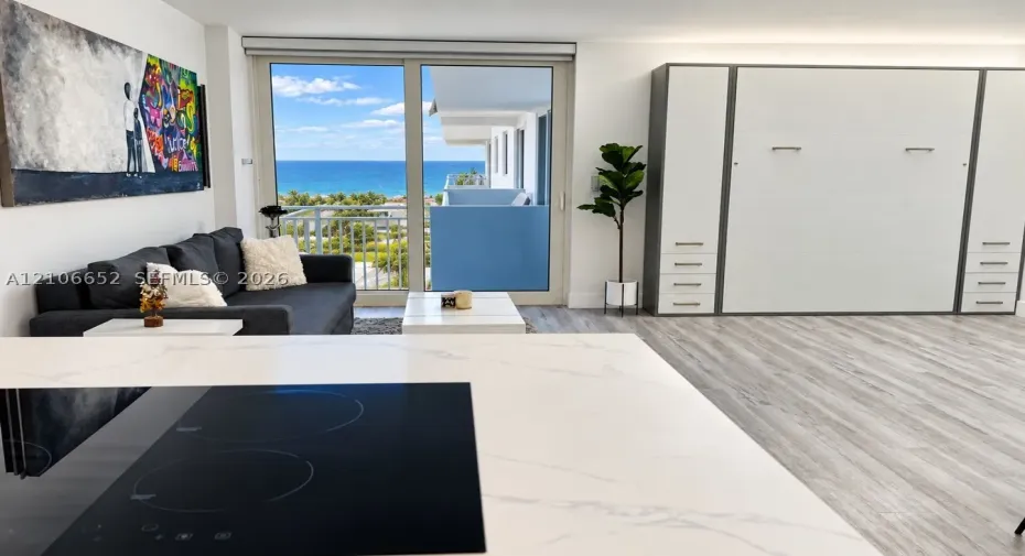 Open-concept living space featuring wood-finish flooring, a sleek countertop with an integrated induction cooktop, floor-to-ceiling glass sliding doors, and a built-in multi-panel cabinetry unit