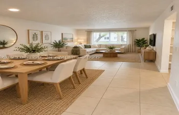 Open-concept room featuring neutral wall-to-wall ceramic tile flooring, recessed lighting, and a large window with natural light
