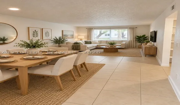 Open-concept room featuring neutral wall-to-wall ceramic tile flooring, recessed lighting, and a large window with natural light