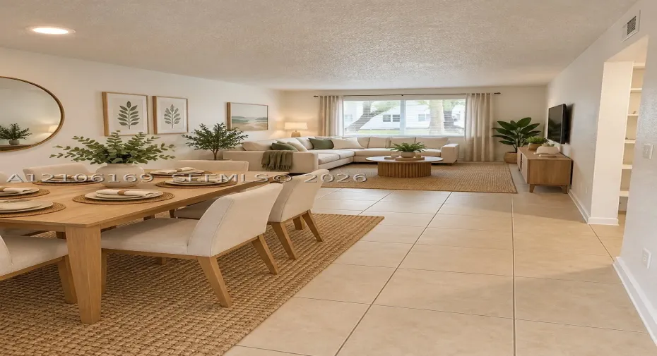 Open-concept room featuring neutral wall-to-wall ceramic tile flooring, recessed lighting, and a large window with natural light