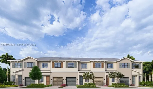 Multi-family exterior featuring a neutral stucco facade, decorative shutters, gabled rooflines, and individual garage bays