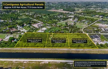 Three contiguous agricultural parcels totaling approximately 6.93 net acres, featuring level land topography and perimeter access