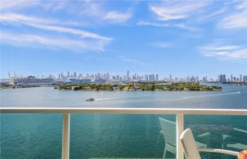 Balcony featuring a glass panel railing and panoramic waterfront and city skyline scenery