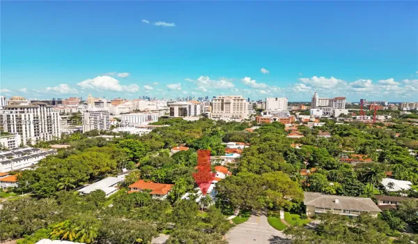 Aerial perspective featuring dense mature tree canopy, lush tropical landscaping, and proximity to urban center skyline