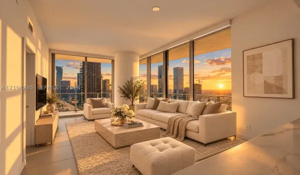 Expansive floor-to-ceiling windows, cityscape scenery, recessed lighting, and a smooth ceiling finish