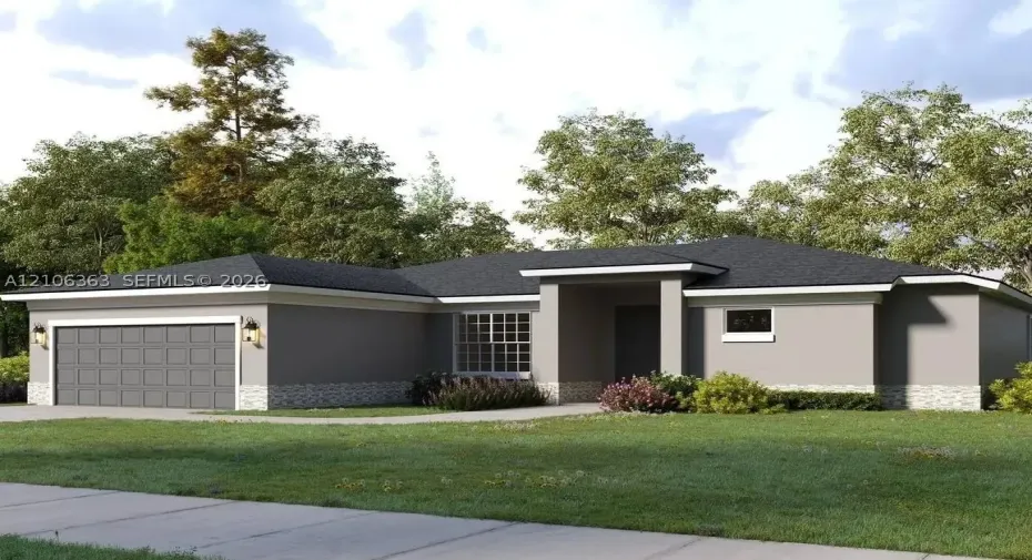 Single-story residence featuring a gray stucco exterior, stone veneer wainscoting, a multi-pane grid window, a two-car garage, and a dark shingled hip roof