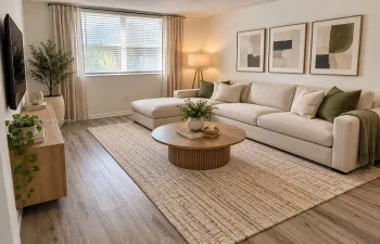Living area featuring wood-finish flooring, a large window with horizontal blinds, and neutral wall tones Edit with IA