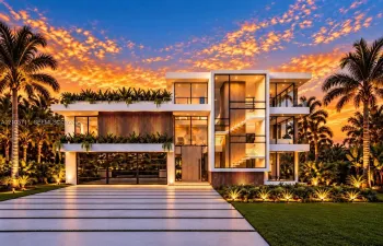Three-story modern architectural exterior featuring floor-to-ceiling glass paneling, integrated wood-finish cladding, extensive second-level terrace planters, and a multi-car garage with glass-paneled doors