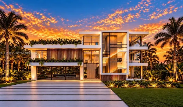 Three-story modern architectural exterior featuring floor-to-ceiling glass paneling, integrated wood-finish cladding, extensive second-level terrace planters, and a multi-car garage with glass-paneled doors