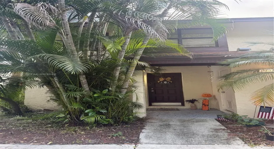 Stucco exterior facade featuring a multi-panel front entry door, covered porch, and mature palm landscaping
