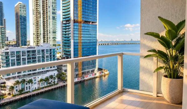 Private balcony featuring glass-panel railings, wood-finish decking, and water frontage