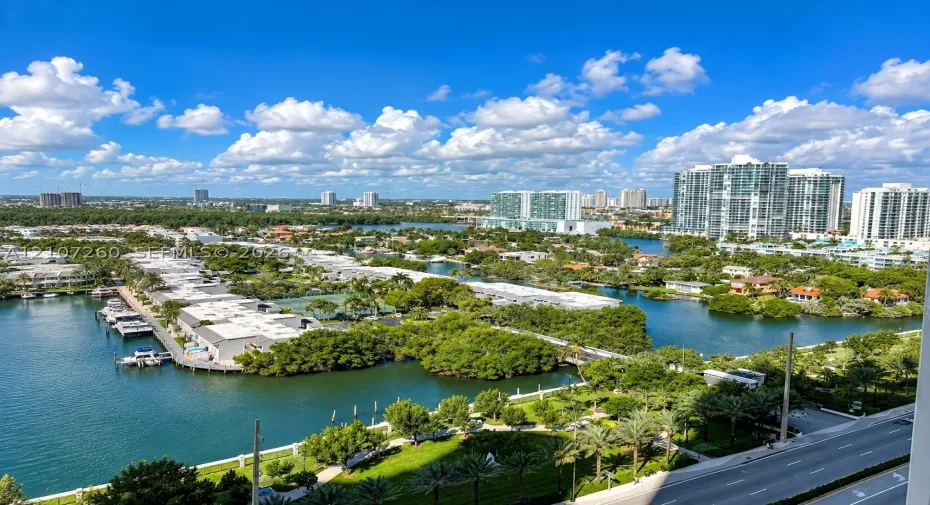 Elevated perspective featuring expansive waterways, maritime dockage, mature palm trees, and metropolitan high-rise infrastructure