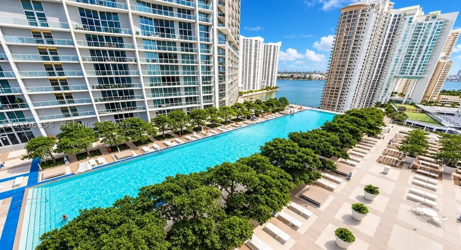 Oversized lap pool with tiered entry steps, extensive paved pool deck, and mature canopy trees, set against a waterfront backdrop