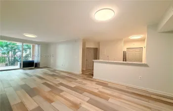 Open-concept interior featuring wood-finish plank flooring, recessed lighting, breakfast bar with stone-surface countertop, and floor-to-ceiling sliding glass doors