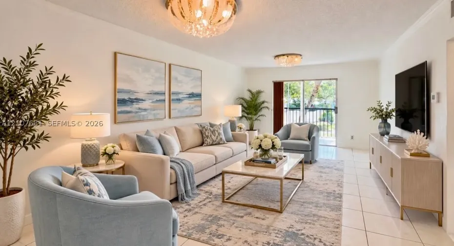 Living area featuring light-colored tile flooring, crown molding, two ornate glass-accented ceiling fixtures, and a glass sliding door