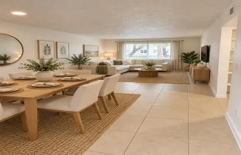 Open-concept room featuring neutral wall-to-wall ceramic tile flooring, recessed lighting, and a large window with natural light