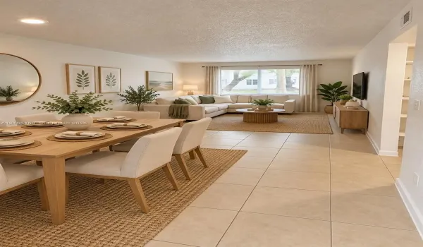 Open-concept room featuring neutral wall-to-wall ceramic tile flooring, recessed lighting, and a large window with natural light