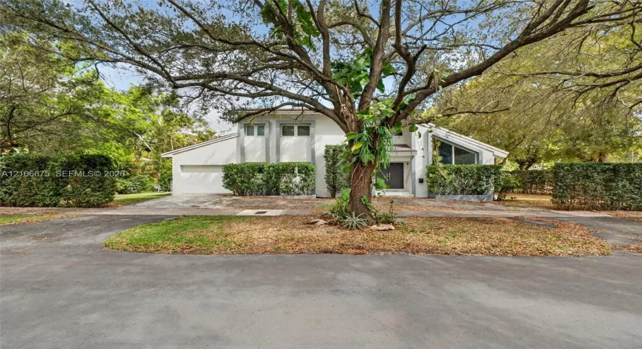 Stucco exterior residence featuring an attached garage, geometric window placements, an asphalt driveway, and mature canopy trees