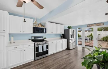 Kitchen with view of back yard