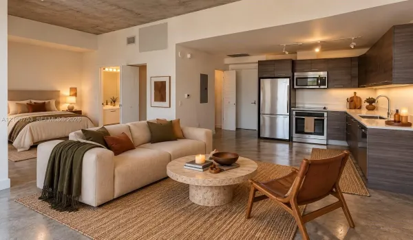 Open-concept layout featuring exposed concrete ceilings, polished concrete flooring, stainless steel kitchen appliances, and flat-panel cabinetry