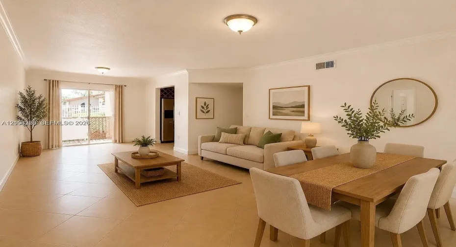 Open-concept living space featuring large-format tile flooring, crown molding, flush-mount ceiling lighting, and sliding glass doors providing outdoor access