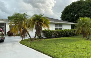 Single-story exterior featuring light-toned masonry, a concrete driveway, multi-pane windows with louvered shutters, and mature landscaping including palm trees