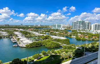 Elevated perspective featuring expansive waterways, maritime dockage, mature palm trees, and metropolitan high-rise infrastructure