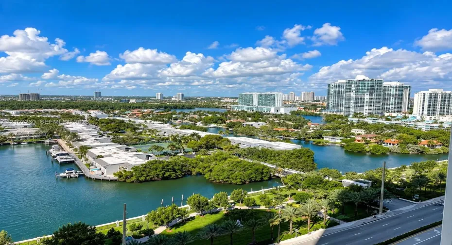Elevated perspective featuring expansive waterways, maritime dockage, mature palm trees, and metropolitan high-rise infrastructure