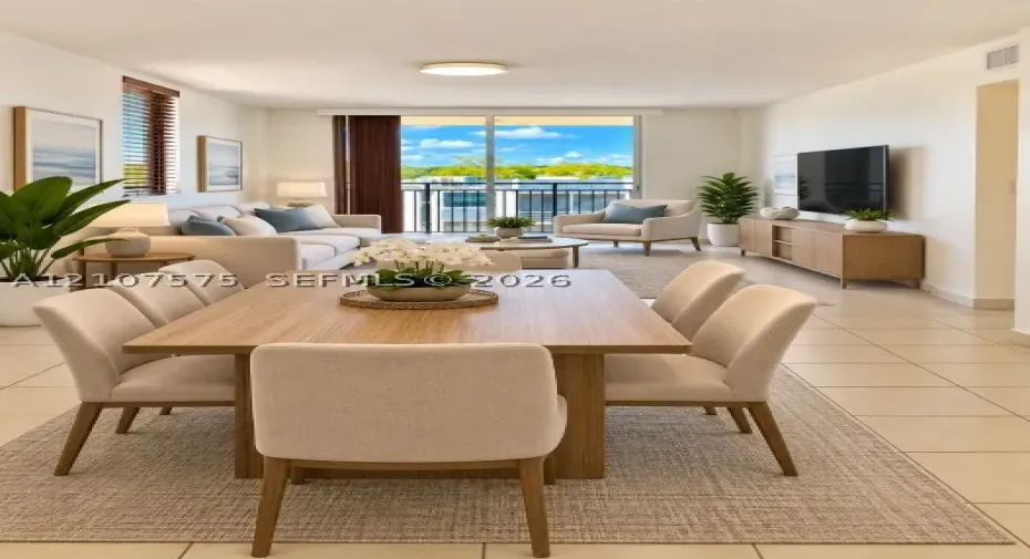 Open-concept living and dining area featuring large-format tile flooring, flush-mount lighting, and floor-to-ceiling sliding glass doors leading to a private balcony