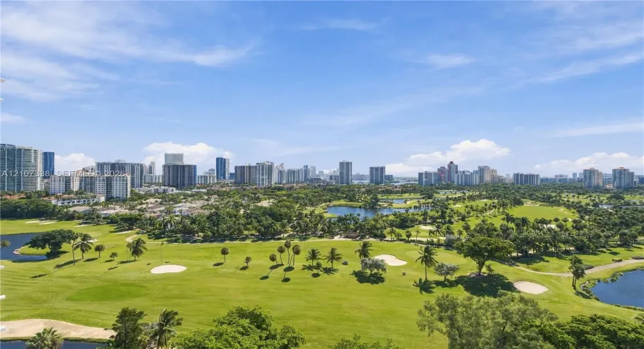 Elevated perspective featuring expansive golf course fairways, scattered mature palms, multiple water hazards, and a panoramic city skyline backdrop