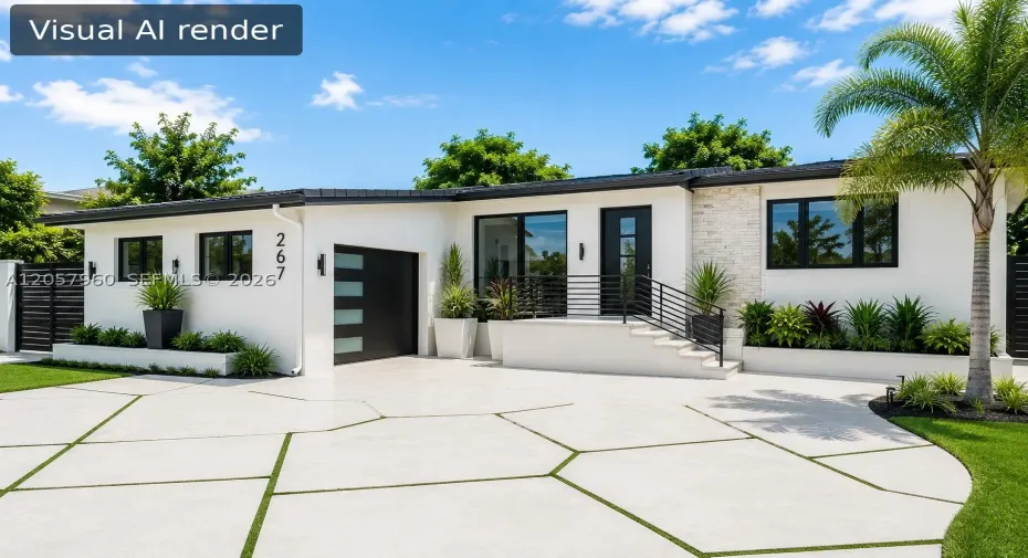 Modern single-story exterior featuring white stucco siding, a geometric concrete paver driveway, natural stone accent wall, multi-panel garage door with horizontal frosted glass inserts, and black metal handrailing