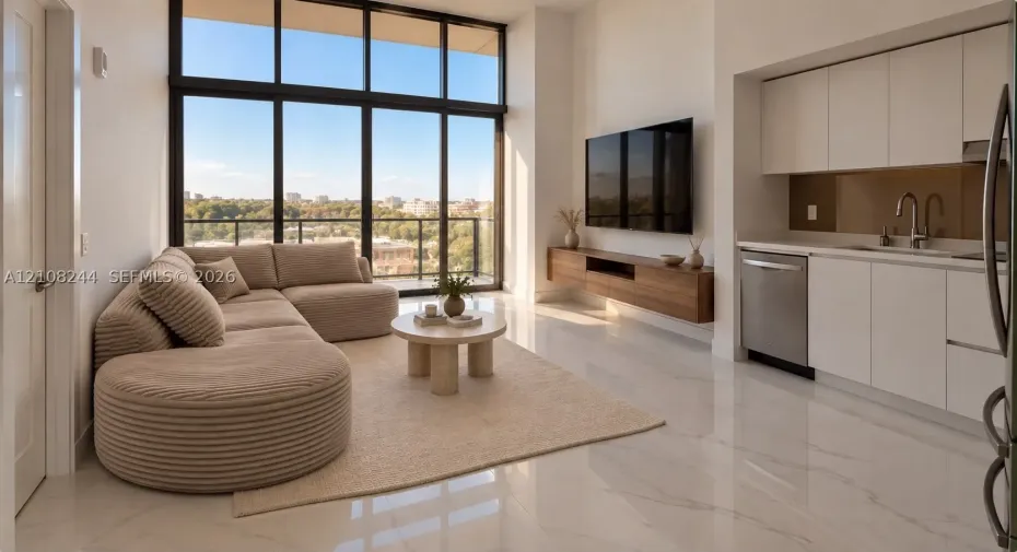 Floor-to-ceiling windows, polished stone-finish flooring, linear kitchen cabinetry with integrated stainless steel appliances, and a wall-mounted wood-finish media console
