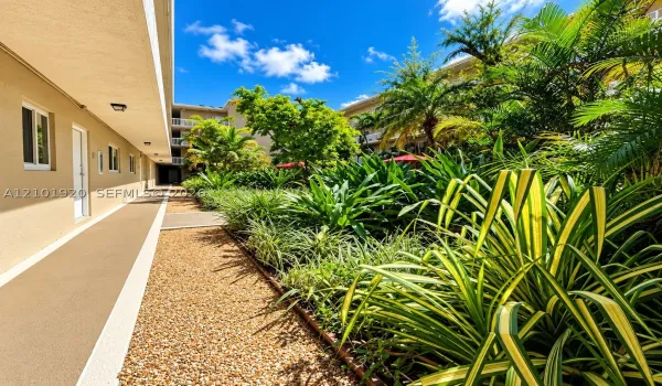 Exterior walkway featuring smooth-finish pavement, recessed lighting, and lush landscaping with mature palm trees and ornamental tropical plants