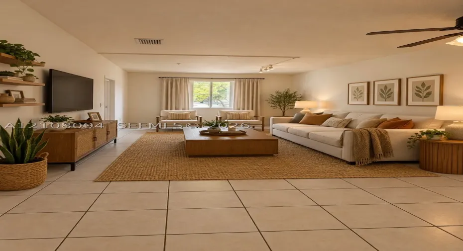 Living area featuring large-format neutral tile flooring, track lighting, a ceiling fan with integrated lighting, and a single-pane window