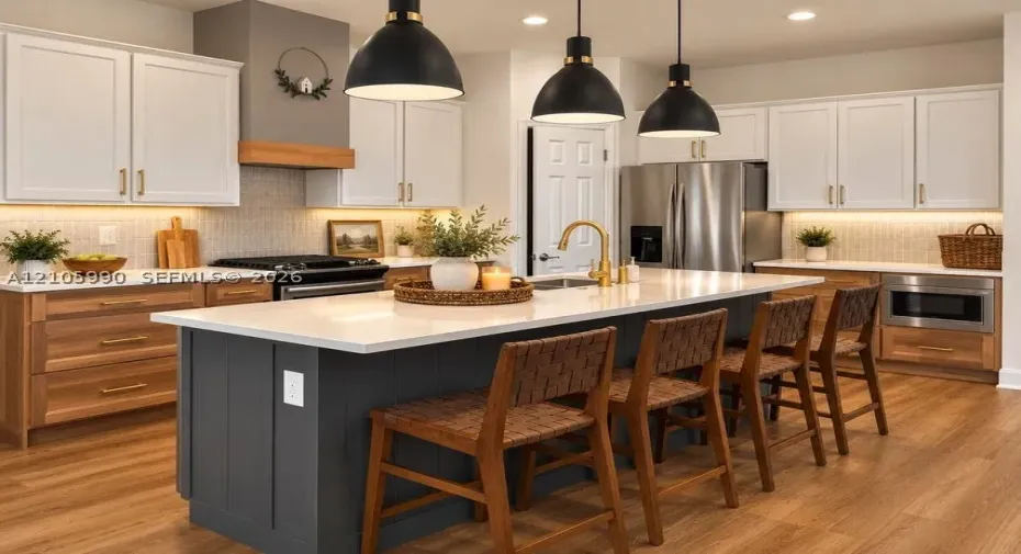 Kitchen featuring a center island with a charcoal finish, contrasting white upper cabinetry, warm-tone lower cabinetry, quartz countertops, and matte black pendant lighting