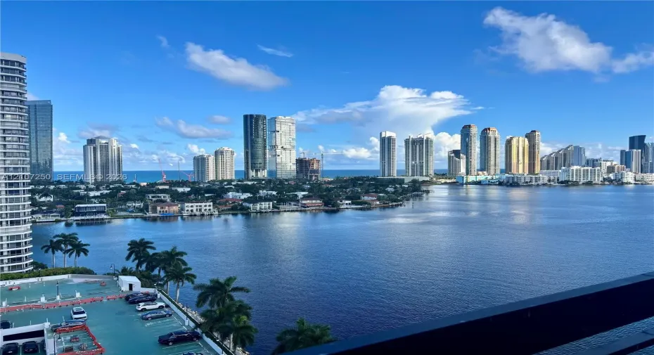 Panoramic coastal skyline featuring urban high-rise architecture, expansive water frontage, and mature palm trees